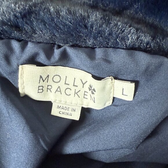MOLLY BRACKEN Zipped Faux Fur Jacket in Navy Blue, Size Large - Picture 2 of 9
